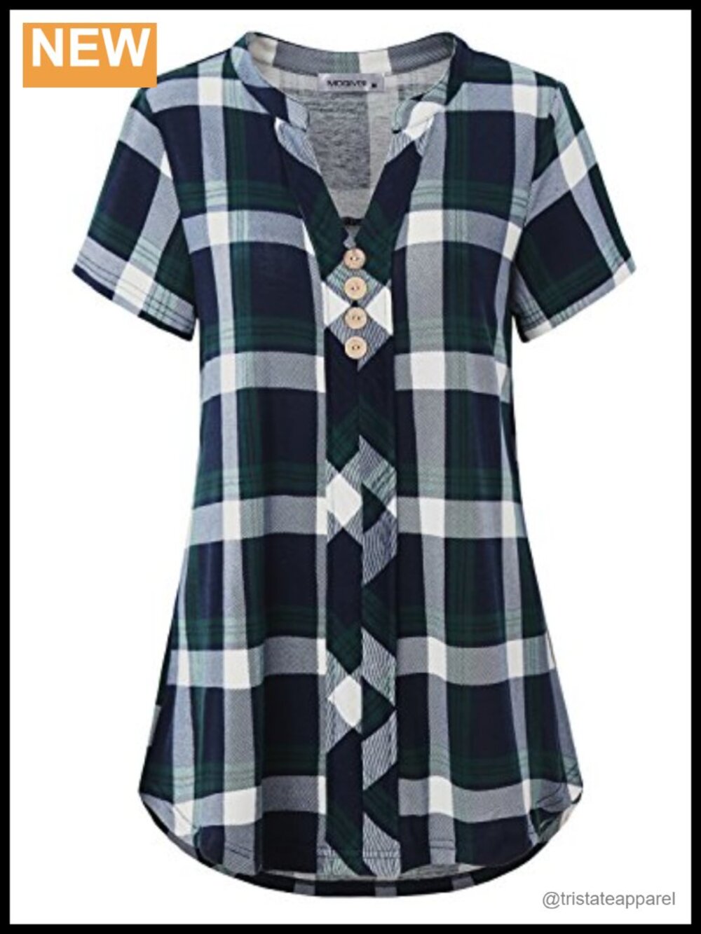 Women's Short Sleeve Plaid Tunic Button Up Blouse